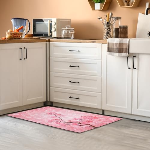 SPUNKER Pink Cherry Blossoms Welcome Mat, 30"L x 17"W, Non-Slip & Absorbent, Indoor/Outdoor, SPK-DM0415-1730 - color: Pink Cherry Blossoms