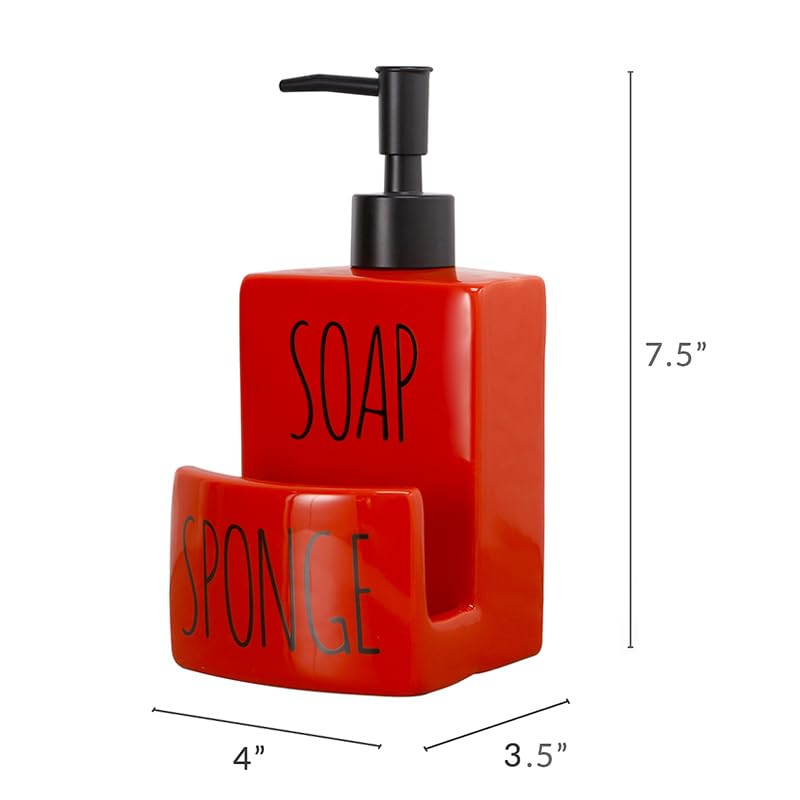 Ceramic soap Dispenser with Sponge Holder for Kitchen Sink Bathroom Counter top Storage and Organization (Red) - color: Red