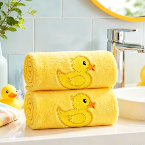 FYSUIMU Rubber Ducky Hand Towels Yellow Duck Embroidered Cotton Bathroom Towel Absorbent Bath Towel for Kitchen Dish Drying Cleaning Cooking, 29.5 x 13.7 Inch, 2Pcs - color: Yellow