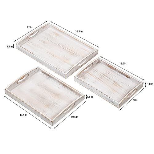 Country Rustic Wood Nesting Dinning Breakfast Serving Trays with Wood Handles, Set of 3,Can Put Food, Fruit, Plates - color: Washed White