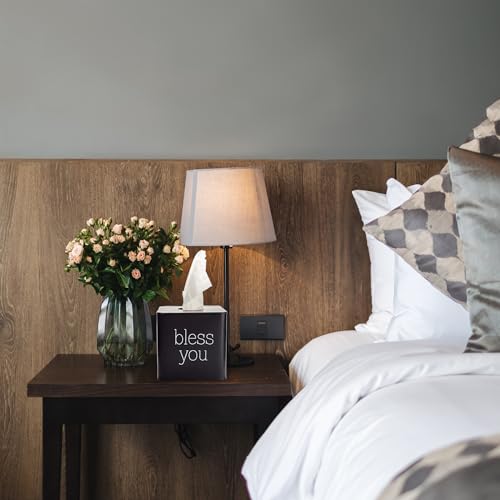 AuldHome Design Square Tissue Box Cover (Black); Modern Farmhouse Enamelware Tissue Holder - color: Black With "Bless You"
