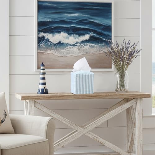 Potchen Tissue Box Cover Square Coastal Blue White Stripe for Bathroom Home | Washable Cotton, Decorative Modern, Fabric Tissue Holder, Stylish Storage, Breathable, Easy to Clean, Bedroom Office