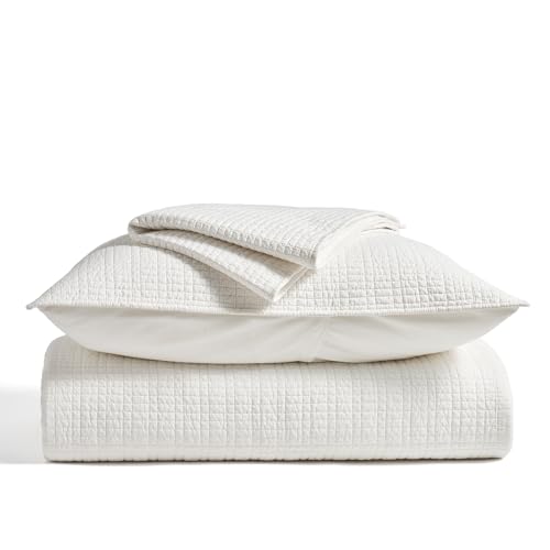 100% Cotton Modern Grid Stitch Quilt Set, King Size, Bright White | Pre-Washed Cotton Coverlet Bedspread, Oversized Lightweight 3-Piece Bedding Set for All Season, with 2 Pillow Shams - color: Bright White, size: King (110" X 94")
