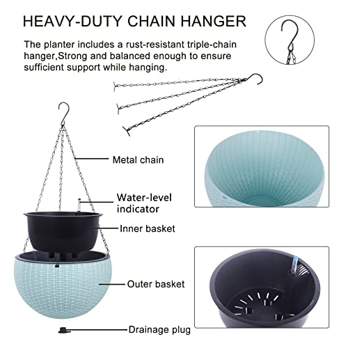 Vencer 11 Inch Round Resin Rattan Hanging Planters,Light Blue,VF-A15-B | Self Watering,Drain Hole,Metal Chain,Water Indicator,Indoor Outdoor - color: Light Blue