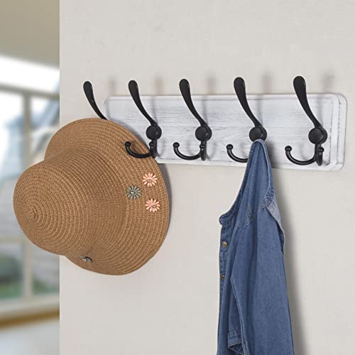 Coat Rack Wall Mounted - 5 Tri Hooks, Heavy Duty, Wooden Wall Coat Hanger Coat Hook for Clothes Hat Jacket Clothing, White & Black - color: White & Black, size: L=17.4"