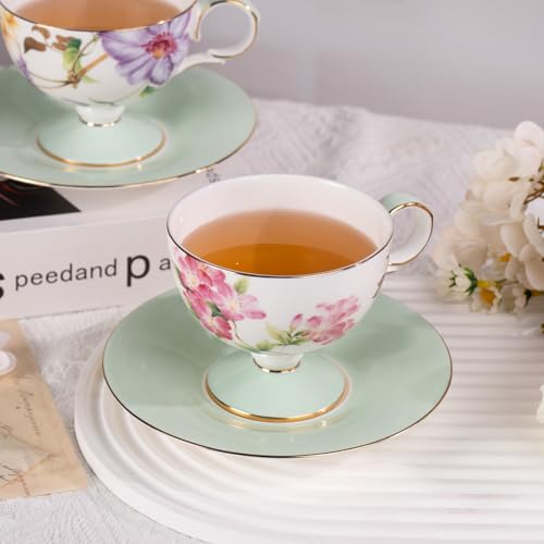 KAMMAK Tea Cups Set of 2,Ceramic Floral Pattern Demitasse Cup | Porcelain Espresso Cup with Saucer, 7.44 oz Handmade Elegant Bone China Tea Cups for Latte, Americano, Cappuccino - color: Begonia + Passionflower