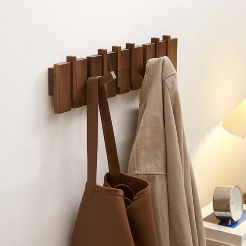 Wood Coat Rack Wall Mount, Coat Hooks Hanger Wall Mounted, Heavy Duty Wall Coat Rack with 6 Hooks for Hanging Coats/Keys/Hats/Robe&Towels/Plants/Bags, Walnut - size: 6 Hooks