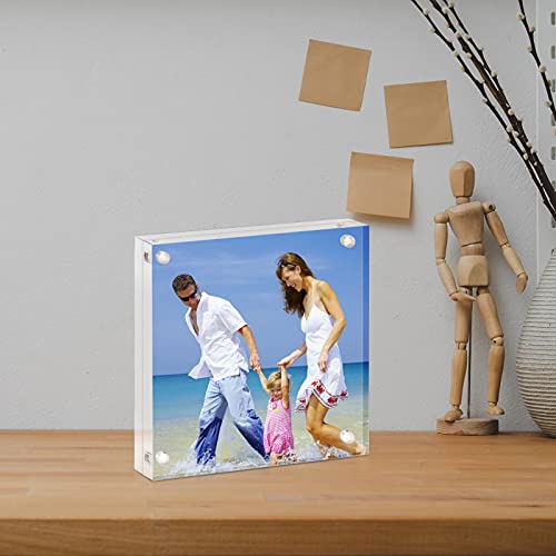 AMEITECH 4x4 Inch Acrylic Picture Frame, Clear Double Sided Block Acrylic Photo Frames, Desktop Frameless Magnetic Photo Frames | Double Sided Floating Magnetic Frames, 20mm Thick, Free Standing Desktop Display for Postcards, Pictures and Artworks - size: