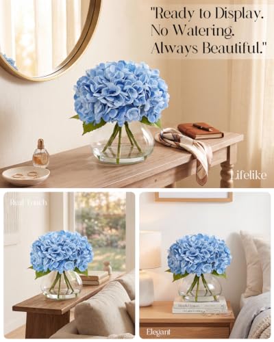 Hydrangea Artificial Flowers with Vase, Real Touch Latex, Blue | Lifelike Faux Water, Nearly Natural Leaves, Durable & Fade-Resistant, Home Office Table Centerpiece Decor - color: Blue