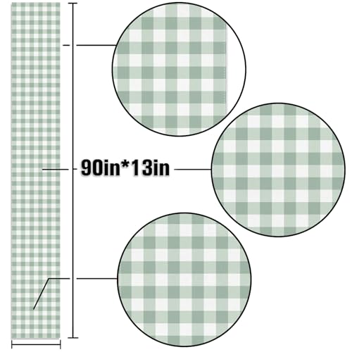 Sage Green Gingham Party Table Runner Green and White Checkered Plaid Decorations for Birthday Bridal Baby Shower Home Dining Kitchen Island Decor (13" x 90") - size: 13" x 90"