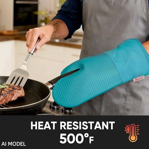 YUTAT Silicone Oven Mitts,High Heat Resistant Up to 500 Degrees,Waterproof Cooking Gloves with Soft Polyester Filling,Kitchen Potholder Set - Perfect for BBQ, Baking and Cooking,Green,2 Pcs Set - color: Green-striped Surface, size: 13“L x 7"W-2 Piece