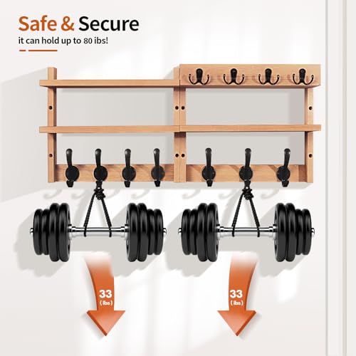 29" Coat Rack Wall Mount with Shelf, Pine Two-Tier Wall Shelf Mounted Coat and Key Hanger with 7 Heavy Duty Hooks 4 Key Hooks, Entryway Key Holder with Mail Holder for Bedroom,Living Room (Wood) - color: Wood Pine