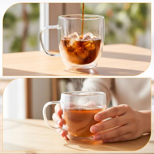 Patelai Glass Coffee Mugs Set of 6, 16 oz Clear Double Walled Coffee Cups Glasses Insulated Latte Mugs with Handle Espresso Clear Cups for Hot and Cold Beverages - color: Clear, size: 480ml