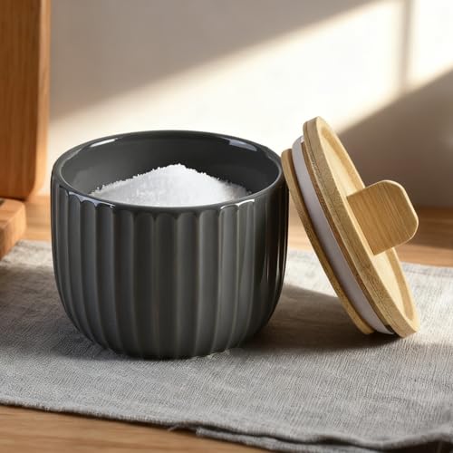 Salt Cellar Keeper with Bamboo Lid, 14oz Big Capacity Ceramic Sugar Bowls Pepper Box, Crackle Glaze Seasoning Container Condiment Pot for Kitchen (Black Color) - color: Black