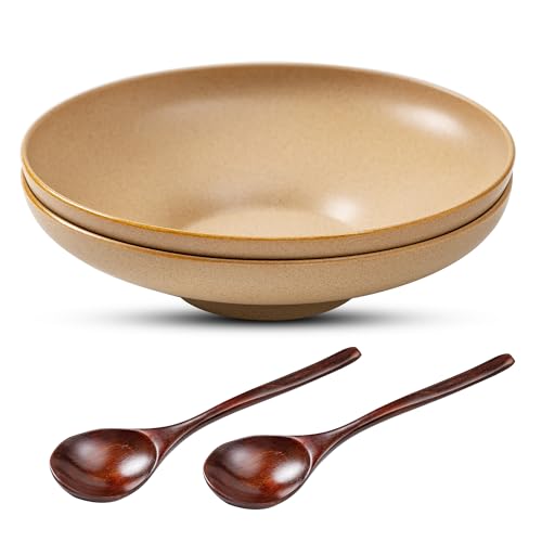 Ceramic Serving Bowls with Wooden Spoons Set of 2, Large Serving Bowl for Dinner Salad Soup Pasta Dessert Fish Fruit Chicken Bread, Oven Dishwasher Safe, 50oz Bowl for Entertaining, 9.75" - color: Yellow