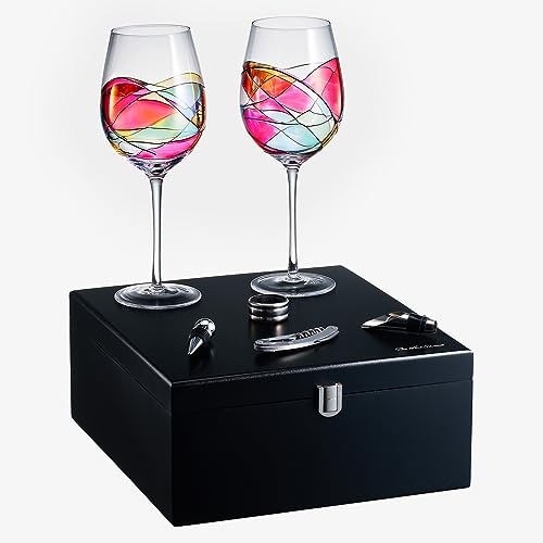 Artisanal Hand-Painted Stemmed Wine Glasses Set with Gift Box – Mother’s Day, Wife, Mom, Friends, or Girlfriend – Romantic Renaissance Stained Glass Windows – Birthday or Housewarming Gift Idea - style: Stemmed Glasses Full Gift Set
