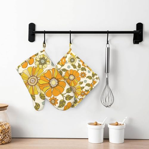 Retro 70s Style Flower Oven Mitts and Pot Holders Sets Silicone Kitchen Mitts Potholders Heat Resistant 4Pcs Oven Gloves Hot Pads for Kitchen Baking Cooking BBQ Grilling - color: Plant Flower