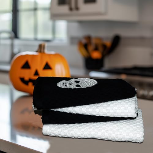COTTON CRAFT Halloween Kitchen Towel -100% Cotton 4 Pack Waffle Terry Towel | Spooky Skull Web Bats Jack O'Lantern Embroidered Terry Kitchen Hand Towel Set -16x28 Soft Absorbent Dish Towel Cleaning Cloth - color: Black, size: 4 Pack