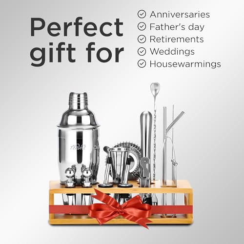 Mixology Bartender Kit with Japanese Jigger & Bamboo Stand - 25 Piece Stainless Steel Cocktail Making Set, Shaker, Strainer, Mixer, Spoon, Muddler, Barware Tools - Birthday Gifts & Anniversary
