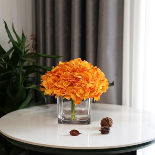 Silk Hydrangea Artificial Flowers in Vase with Faux Water, Silk Flower Arrangements in Vase for Wedding, Dining Table, Living Room (Orange) - color: Orange