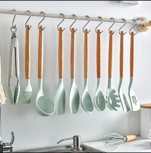 11 Piece Silicone Kitchen Utensil Set with Holder Heat Resistant Non Stick Cooking Tools with Wooden Handles Spatula Spoon Pasta Server Tongs Whisk Brush Black (Mint Green) - color: Mint Green