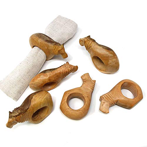 Handcarved Mahogany Wooden Napkin Ring Holders, Lion, Set of 6 (KWF012_L) - color: Lion