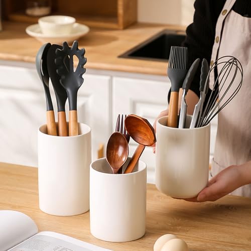 Kitchen Utensil Holder, 6.3"+5.3" Ceramic Kitchen Utensil Holder for Countertop, Large Cooking Utensil Crock for Kitchen Counter, Set of 2, for Spoons, Spatulas, Utensils (White Set) - color: White Set