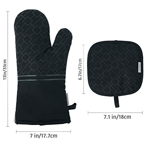 4Pcs Oven Mitts and Pot Holders Set, 572F Heat Resistant Oven Glove, Soft Cotton Lining with Non-Slip Surface for Kitchen Baking BBQ (Black) - color: Black
