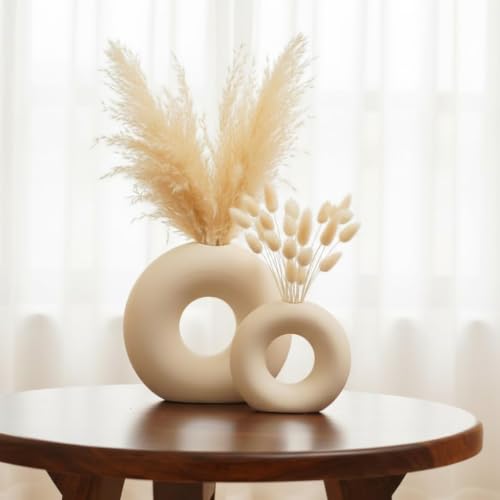 DESI SAMAAN Store Unique White Ceramic Donut Vases | Decorative Donut Vase for Dried Flowers & Pampas Grass (Set of 2) (6 & 4 Inches (Ring Donut VASE)) - size: 6 & 4 Inches (RING DONUT VASE )