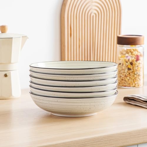 vancasso Bonbon Pasta Bowls Set of 6, 38 Oz Ceramic Salad Bowls, Wide and Shallow Bowls Set, Large Serving Bowls for Kitchen, Beige - color: Beige, size: 38 Oz