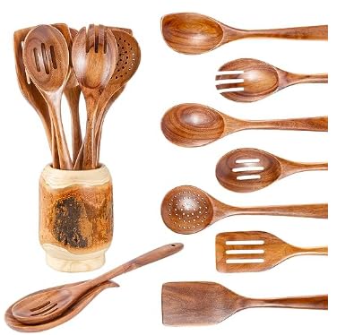 Gudamaye 13 inch Long Wooden Spoons for Cooking,Wooden Utensils for Cooking with Utensils Holder,9 PCES Wooden Kitchen Utensils Set with Utensils Holder and Spoon Rest,Natural Teak Wooden Spoons Set - size: 9 PCS with Holder