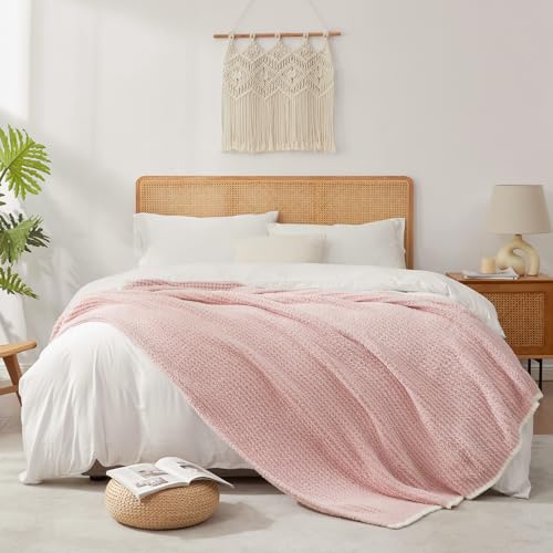Snuggle Sac Pink Waffle Bedding Blankets Queen Size 90x90 inches, Reversible Microfiber Fluffy Fuzzy Soft Throw Cozy Knit Blanket for Women Mothers Birthday Gifts - color: Waffle Soft Pink, size: Queen(90"x90")