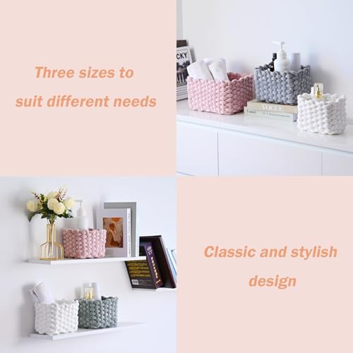 hand-knitted velvet rope storage basket set of 3 - soft cotton rope desktop cosmetics organizer box - nesting multi-functional storage basket (pink) - color: Light Pink