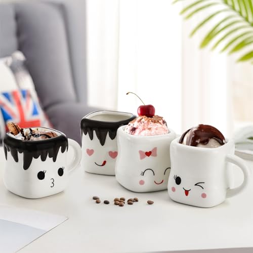 Hedume Set of 4 Cute Ceramic Hot Chocolate Mugs with Handle, Coffee Mug Set, Couple Matching Mugs, Perfect for Anniversary Christmas Wedding Valentine's Day