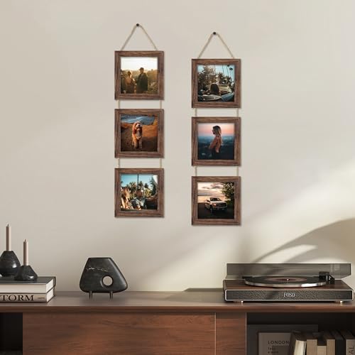 6x6 Collage Picture Frames Set of 2, Rustic Wooden Real Glass Vertical Hanging 3 Opening 6 by 6 Photo Frame, Distressed Brown - color: Distressed Brown, size: Vertical-6x6 in