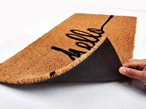 Cursive Hello Coco Coir Doormat, 18" x 47", Heavy-Duty Indoor Outdoor Entrance Mat with Non-Slip Backing - size: 1'6" x 3'11" (Rectangular)