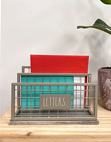 Desktop Mail Organizer - 2 Compartment Mail Holder & Stationary Table Top Desk Organizer - Chic and Stylish Galvanized Steel and Solid Wood - “Letters” Print - for Home and Office, Grey "Letter" - color: Gray "Letters"