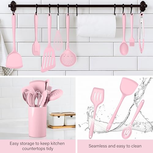 HaWare 11 PCS Silicone Cooking Utensils Set, Heat Resistant Kitchen Utensils with Holder, Food-grade Spatula Sets for Nonstick Cookware, Kitchen Tools Gadgets Include Fish Turner, Spoon (Pink) - color: Pink