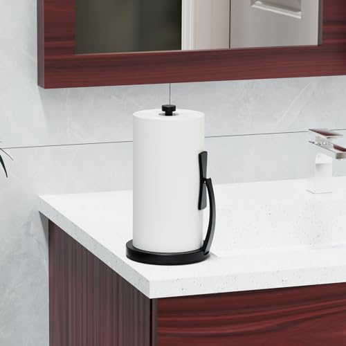 VEHHE Paper Towel Holder Countertop, One-Handed Tear, Stainless Steel, Stand Paper Towel Holder with Spring Activated Arm & Non Slip Weighted Base, for Kitchen Bathroom (Black) - color: Black, size: Eva Pad Base