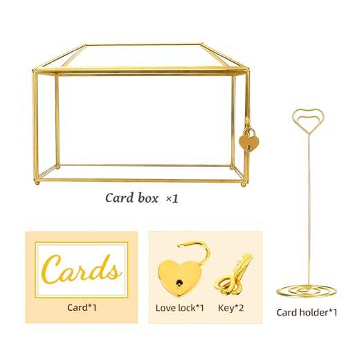 Glass Wedding Card Box with Lock, 12.6x5.9x9 inches Large Gold Card Boxes for Wedding Reception, Keepsake Display, Graduation, Party Centerpiece Decorative Box - size: 12.6 x 5.9 x 9 Inches without Arch