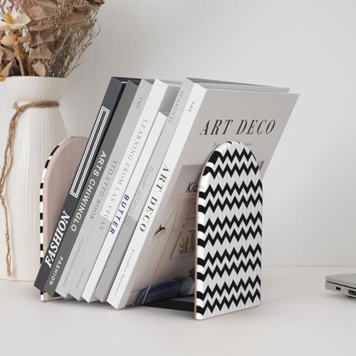 Geometric Black & White Patterns 2 Print Book Ends, 1 Pair Sturdy Wooden Bookends for Shelves Heavy Duty Non-Slip Wood Bookend for Home Office Library School Study Decoration