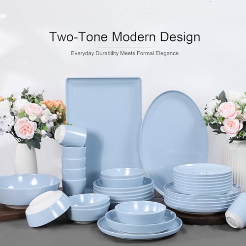 Webbylee 16" Melamine Oval Platter Set of 2- Lightweight Durable Serving Tray for Party, Catering & Home | Dishwasher Safe, Fits Turkey/Charcuterie-Blue & Beige - color: Cream-Blue / 16-O, size: 15.8-inch