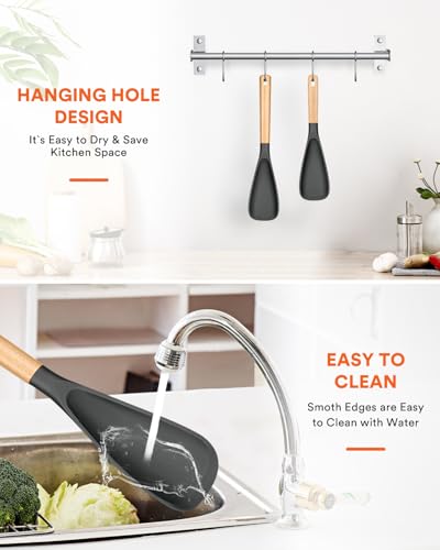 Multifunction Spoon for Nonstick Cookwares, Great for Cooking and Serving, Sturdy BPA-Free Matte Silicone, Wood Handle Spoonula for Mixing, Scoop, and Scrape, Grey(2 pack,11.4" & 13.4") - color: Gray