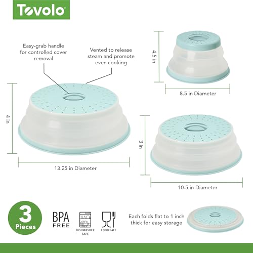 Tovolo 3-Piece Silicone Microwave Splatter Lid Set Blue Haze Small Medium Large Set of 3, Collapsible Dishwasher Safe BPA Free Vented Silicone Microwave Splatter Cover Set for Food Reheating - color: Blue Haze, size: Small/Medium/Large - 3-Pack