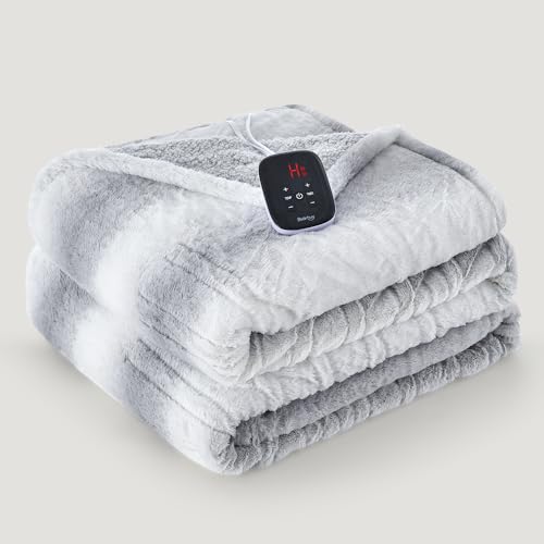 Bearhug Electric Blanket Full Size 77" x 84", 10 Heat Settings Heated Blanket, 1-12 Hour Auto Shut-Off, Faux Fur & Sherpa Dual-Sided Heating Blanket, Machine Washable, Gift-Ready Elegant Packaging - color: Silver Shade Gradient Stripe, size: Full Size 77"