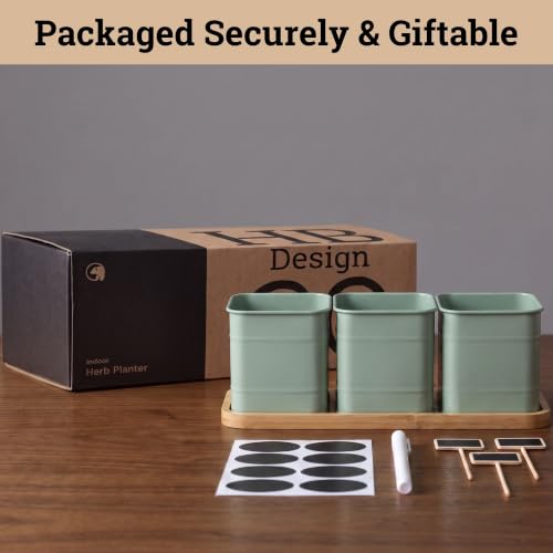 Herb Planter Indoor, 3-pc Herb Pots w/ Drainage Holes, Bamboo Tray & Labels | Iron Herb Pots, Varnished Bamboo Tray with Anti-Skid Base, Customizable Oval Sticker and Stick Labels & Chalkboard Marker Pen - color: Sage Green