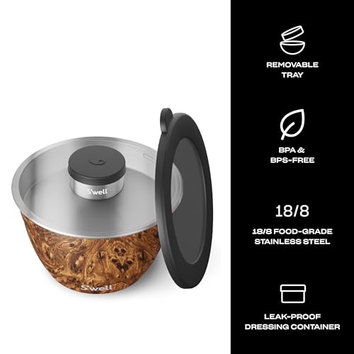 S’well Stainless Steel 64oz Salad Bowl Kit, Teakwood Finish, Includes 2oz Condiment Container and Removable Tray, Leak-Proof and Easy to Clean, Dishwasher Safe - color: Teakwood, size: 64oz
