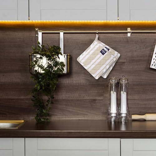 Encasa XO Pot Holders, Quilted Kitchen Hot Pads 8"x8" Franca Beige Stripes | 100% Eco-Friendly Cotton | Thick Cotton Padding Insulation | Convenient Hanging Loop | Set of 2 - color: Franca Beige Stripes