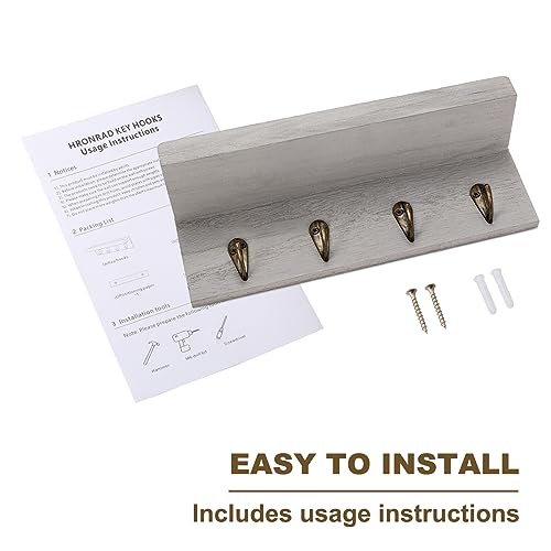 HRONRAD Rustic Key Holder for Wall, Farmhouse Wall Shelf with 4 Hooks, Wall Mounted Key Racks, Wooden Mail Organizer with Hooks for Entryway (Grey) - color: Gray