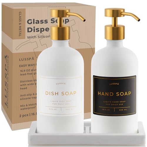 Glass Soap Dispenser Set of 2 (White) with Silicone Tray | Hand and Dish Soap Dispenser for Kitchen and Bathroom | 16.8 Oz Glass Bottles with Stainless Steel Pump & 15 Waterproof Labels (White/Gold) - color: White/Gold